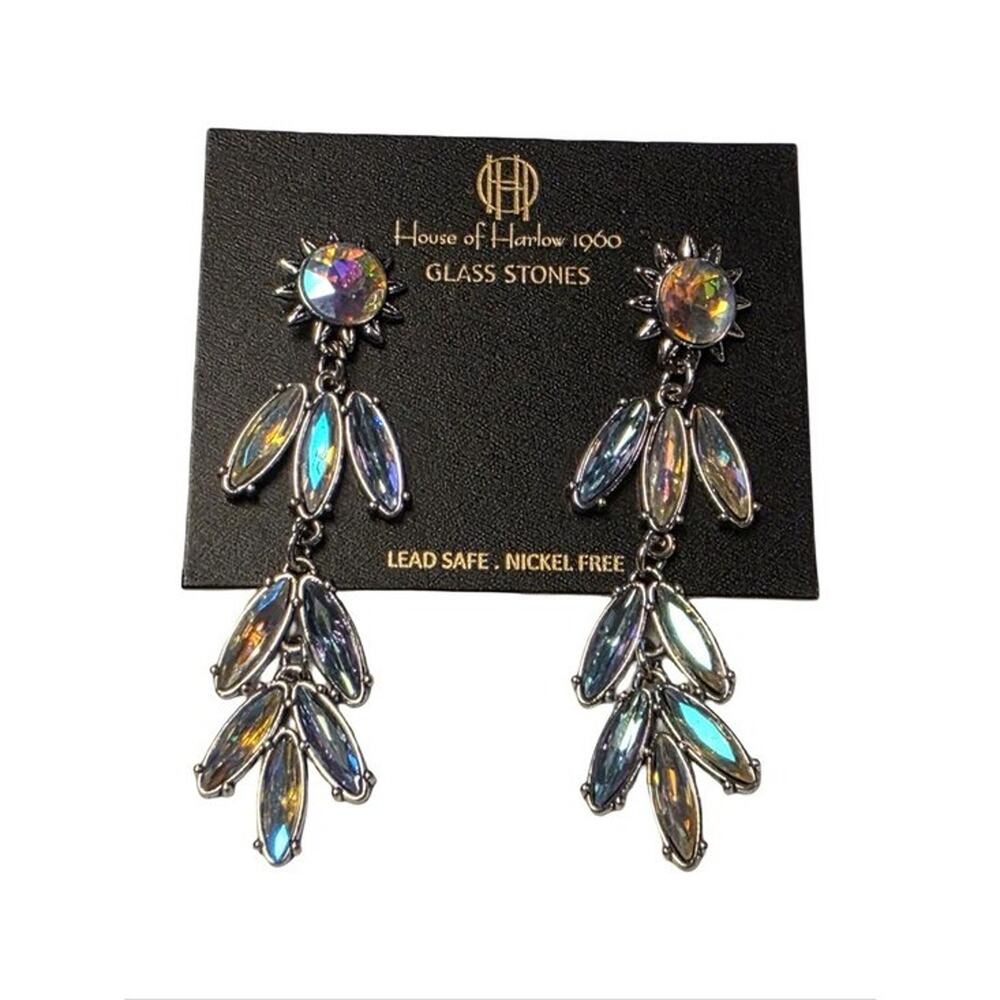 House of Harlow 1960 Iridescent Glass Stone Sunburst Tiered Drop Earrings NEW